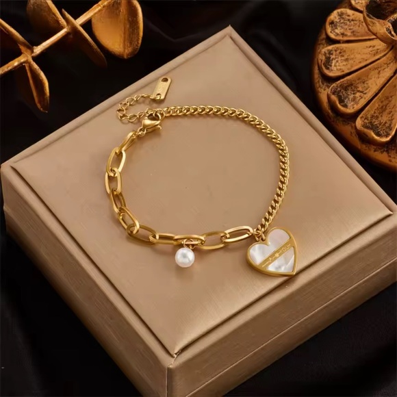Anthropologie Jewelry - Heart and Pearl Bracelet Gold 18K plated Stainless Steel
